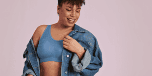 Woman wearing a blue mastectomy bra